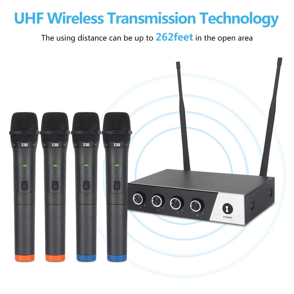 XTUGA S400 Wireless Microphone System, 4-Channel UHF Cordless Mic Set with Four Handheld Mics, Fixed Frequency, Long Range 260ft, Ideal for Church,Karaoke,Weddings, Events