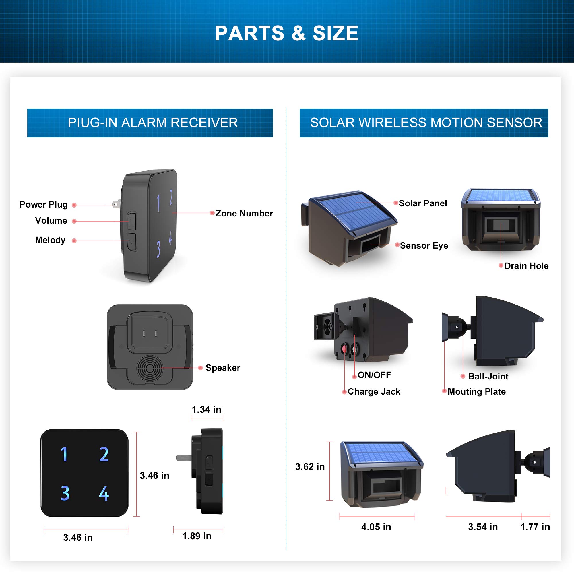 Solar Driveway Alarm System-1/4 Mile Long Transmission Range-Solar Powered No Need Replace Batteries-Outdoor Weatherproof Motion Sensor&Detector DIY Security Alert-1 Receiver and 2 Sensors KIT