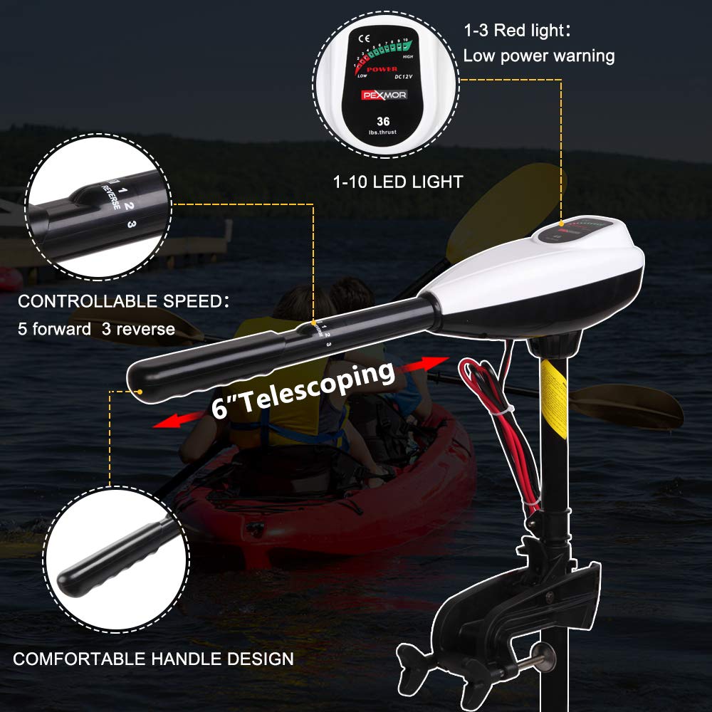 PEXMOR 36LBS Thrust 8 Speed Electric Trolling Motor, Electric Outboard Boat Motor w/Adjustable Handle & LED Indicator, Transom Mounted for Saltwater, Kayak, Fishing Boat