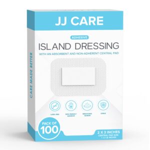 jj care adhesive island dressing [pack of 100], 2x3 sterile bordered gauze dressing, individually wrapped island wound dressing with highly absorbent non-stick center pad