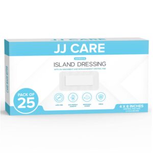 jj care adhesive island dressing [pack of 25], 4” x 8” sterile island wound dressing, breathable bordered gauze dressing, individually wrapped latex free wound bandages with non-stick central pad