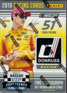 2019 donruss racing nascar factory sealed blaster box 6 packs per box. 8 cards per pack. find 1 autograph or 1 memorabilia card per box. find 1 bonus pack including 3 blaster exclusive optic red wave parallels new: optic delivers the hottest opti-chrome i