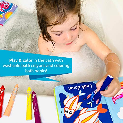 BabyBibi Color Me Bath Books Plus Crayons – Set of 4 Different Books – Includes 6 Washable Bath Crayons – Learn and Play Including Opposites and Shapes – Suitable for 2+