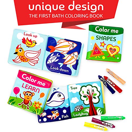 BabyBibi Color Me Bath Books Plus Crayons – Set of 4 Different Books – Includes 6 Washable Bath Crayons – Learn and Play Including Opposites and Shapes – Suitable for 2+