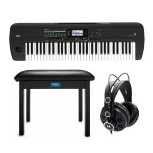 korg i3 61-key music workstation (matte black) bundle with knox gear flip-top bench (black) and studio headphones (3 items)