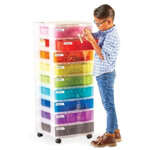hand2mind classroom makerspace cart for grade k-2, steam activities, classroom cart, makerspace supplies, elementary classroom materials, craft storage drawers, activity cart, kids engineering