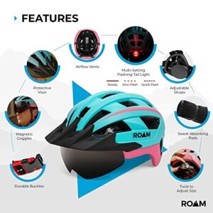 Roam Road Bike Helmet - Durable Helmets for Adults with Sun Visor, LED Light and Detachable Magnetic Goggles - Adjustable Size - Mountain Bicycle Helmet for Adult Men & Women﻿