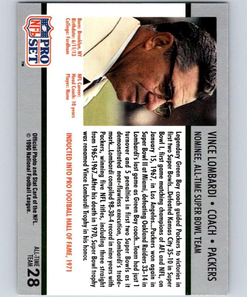 1990 Pro Set NFL Football Super Bowl 160#28 Vince Lombardi Green Bay Packers CO Official Trading Card of the National Football League