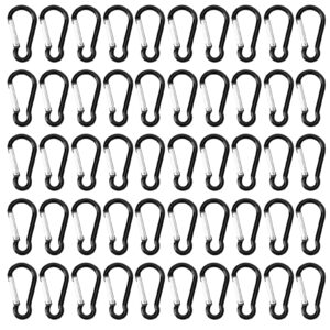 50pcs spring snap hook aluminum carabiner buckle pack mini keychain clip lightweight d shape key chain clip hook for outdoor camping hiking fishing traveling, black