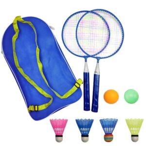 badminton racket for children 1 pair, nylon alloy durable badminton racquet set for kids indoor/outdoor sport game（including 4 badminton and 2 table tennis） (blue)