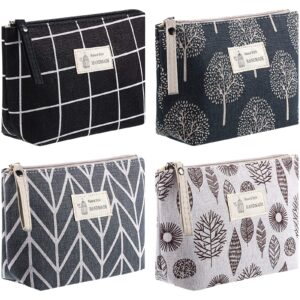 4 pieces canvas cosmetic bags set printed makeup bags with zipper multi-functional travel pouch for women girls vacation travel toiletry bag, 4 styles (arrow, plaid, tree, leave, small)