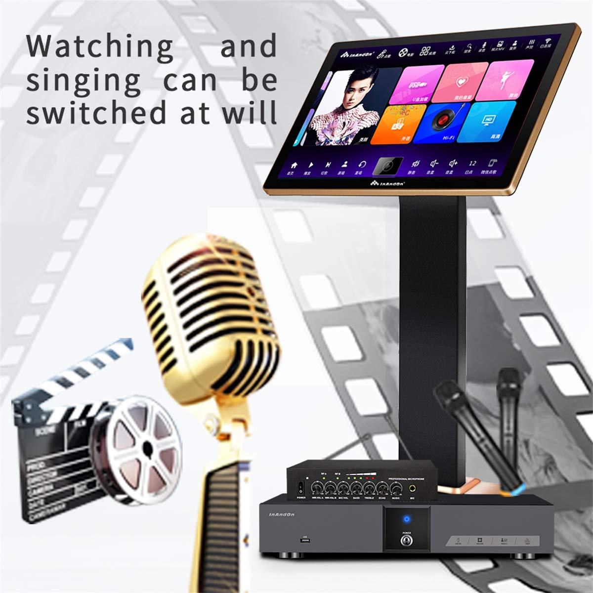 音王 inandon-KV-V5 Plus Karaoke Player, with Wireless Mic, 21.5 inch Touch Screen 8TB HDD, Home Entertainment Online Movie Intelligent Song-selection Free Cloud Download, KV-V5 Pro KTV Machine