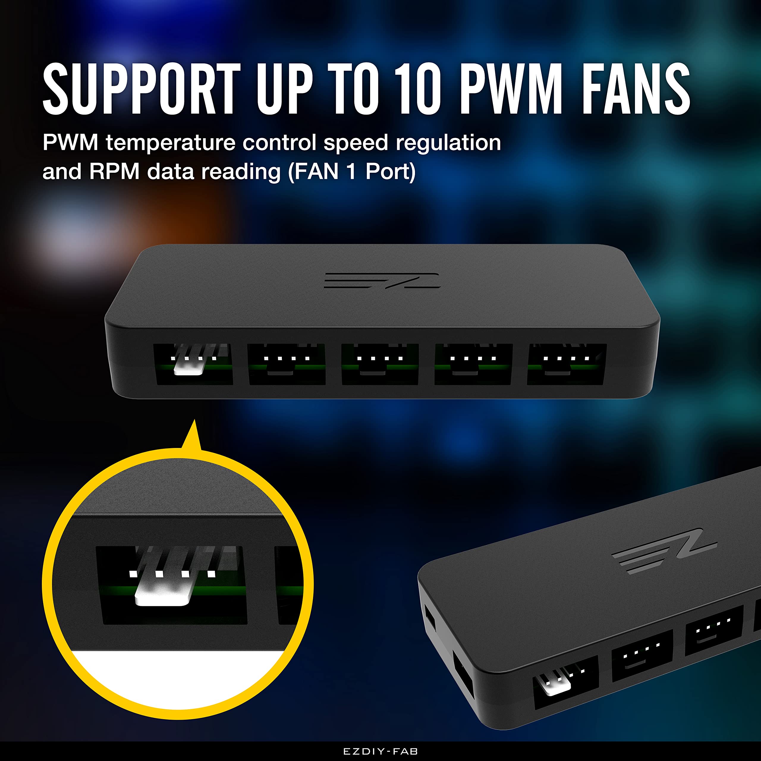 EZDIY-FAB PWM Fan Hub Controller/Splitter for 4-Pin & 3-Pin PC Cooling Fans, SATA Power, Only Use One MB Header