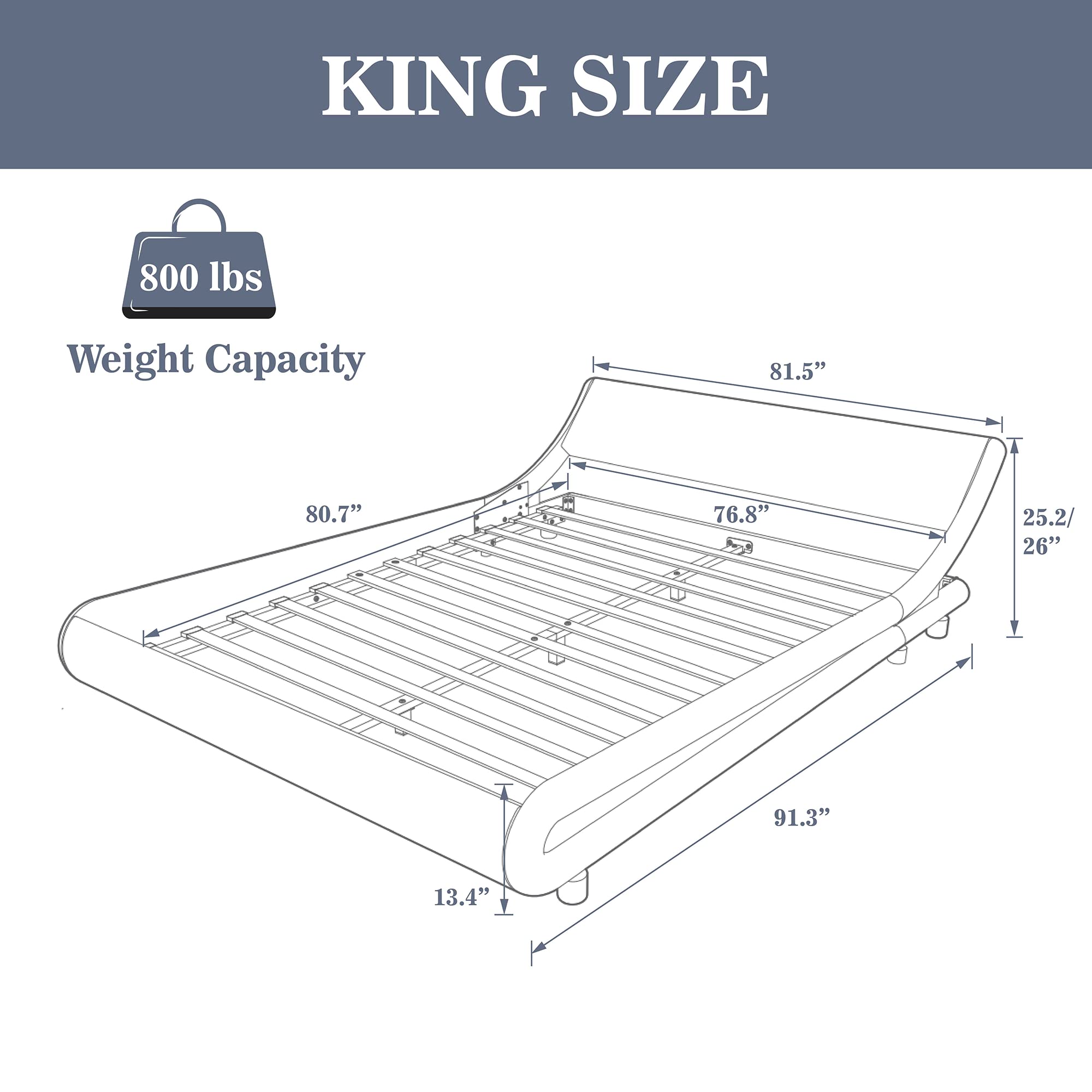 Allewie King Size Bed Frame with Curved Adjustable Headboard, Faux Leather Upholstered Platform Bed, Strong Wooden Slats Support, 10-12'' Mattress Recommended, White