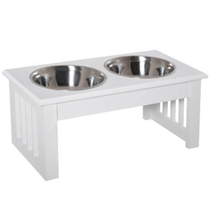 pawhut 6" height small puppy dog feeding station for messy pets, stainless steel elevated dog bowls with modern wooden frame, dog food stand pet feeding station, white
