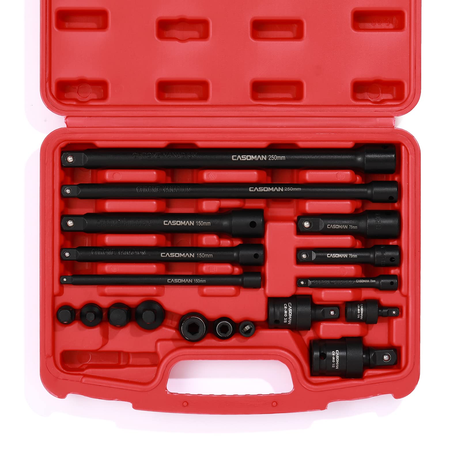 CASOMAN 18-Piece Drive Tool Accessory Set, Premium CR-V Steel with Black Phosphate Finish, Includes 1/2",3/8",1/4" Impact Universal Joint, Socket Adapters Extensions