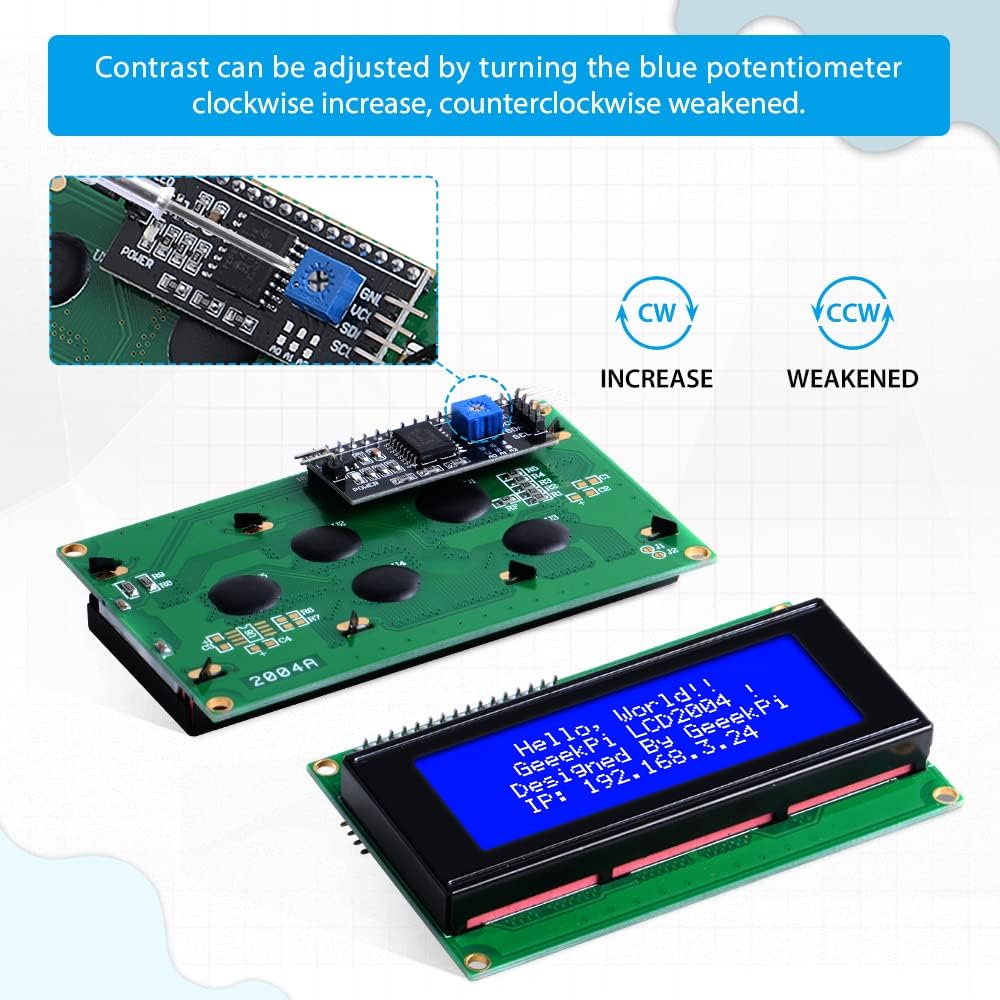 GeeekPi IIC I2C TWI Serial LCD 2004 20x4 Display Module with I2C Interface Adapter Blue Backlight for Raspberry Pi Arduino STM32 DIY Maker Project BPI Tinker Board Electrical IoT Internet of Things