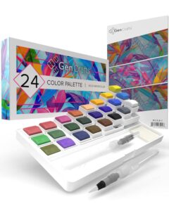 gencrafts watercolor palette with paper pad 24 premium colors - 2 refilable water brush pens - 15 sheets of water color paper - portable painting