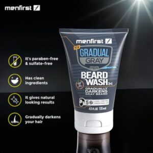 MENFIRST Gradual Gray Darkening Beard Wash - Gray Reducing Beard Wash, Beard Color Shampoo for Men - Hypoallergenic & Harsh Chemical-Free Beard Dye for Men - For Dark Shades, 4.6 Fl Oz (Pack of 1)