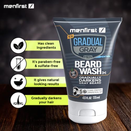 MENFIRST Gradual Gray Darkening Beard Wash - Gray Reducing Beard Wash, Beard Color Shampoo for Men - Hypoallergenic & Harsh Chemical-Free Beard Dye for Men - For Dark Shades, 4.6 Fl Oz (Pack of 1)