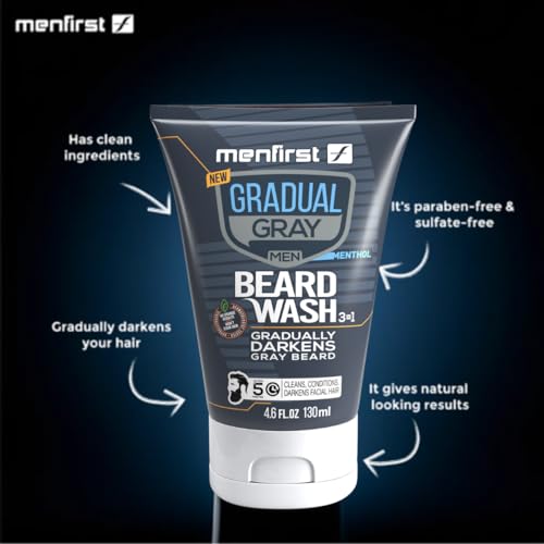 MENFIRST Gradual Gray Darkening Beard Wash - Gray Reducing Beard Wash, Beard Color Shampoo for Men - Hypoallergenic & Harsh Chemical-Free Beard Dye for Men - For Dark Shades, 4.6 Fl Oz (Pack of 1)