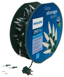 philips 250 led warm white faceted mini christmas lights on green wire with storage spool - ul listed for indoor/outdoor use - 64.33' length with 4" bulb spacing - string lights for christmas tree