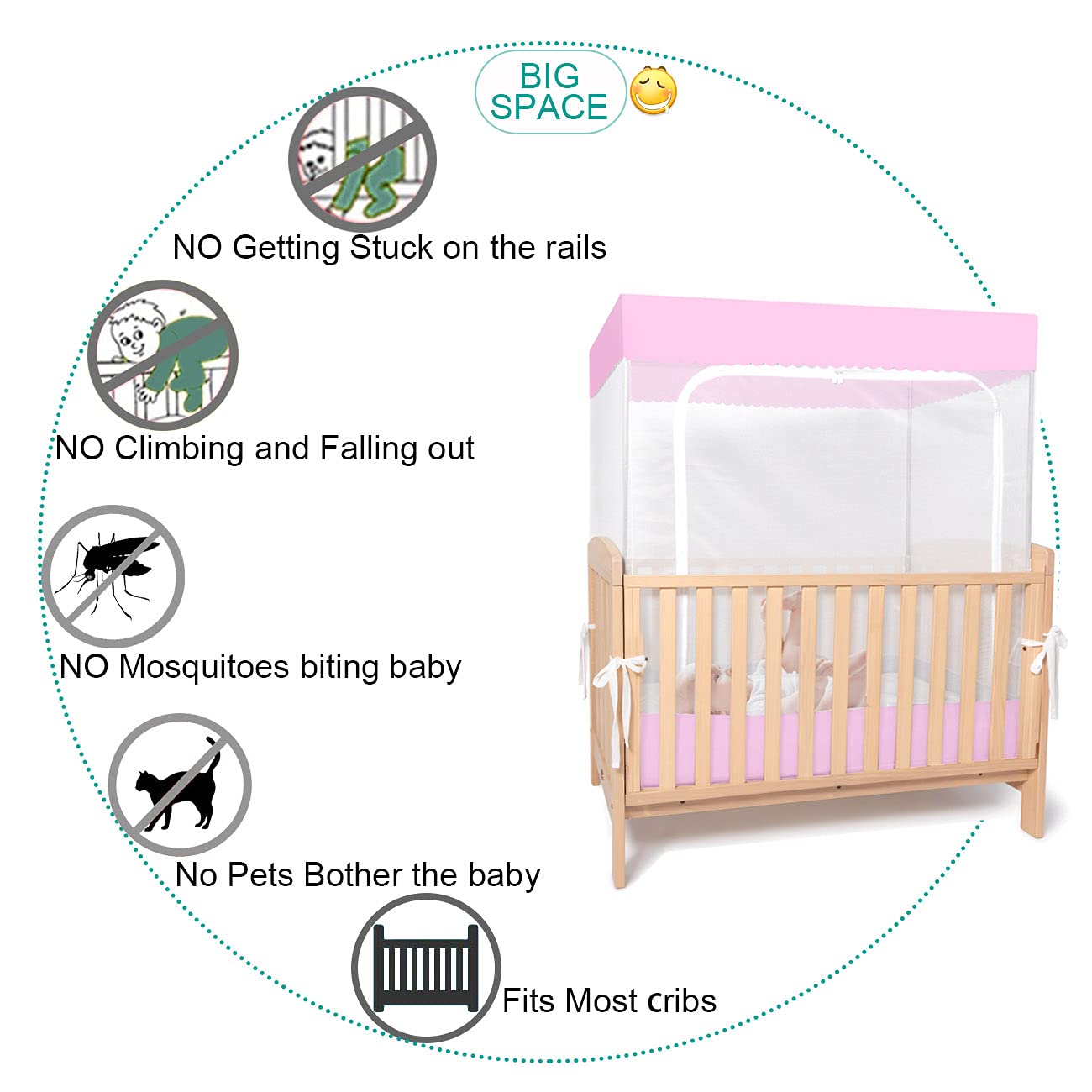 YeTrini Crib Safety Tent for Toddler Girls-See Through Mesh Crib Nets Mosquito Net Sturdy Crib Cover to Keep Baby from Climbing Out,to Keep Cats Out,to Keep Baby in-Pink