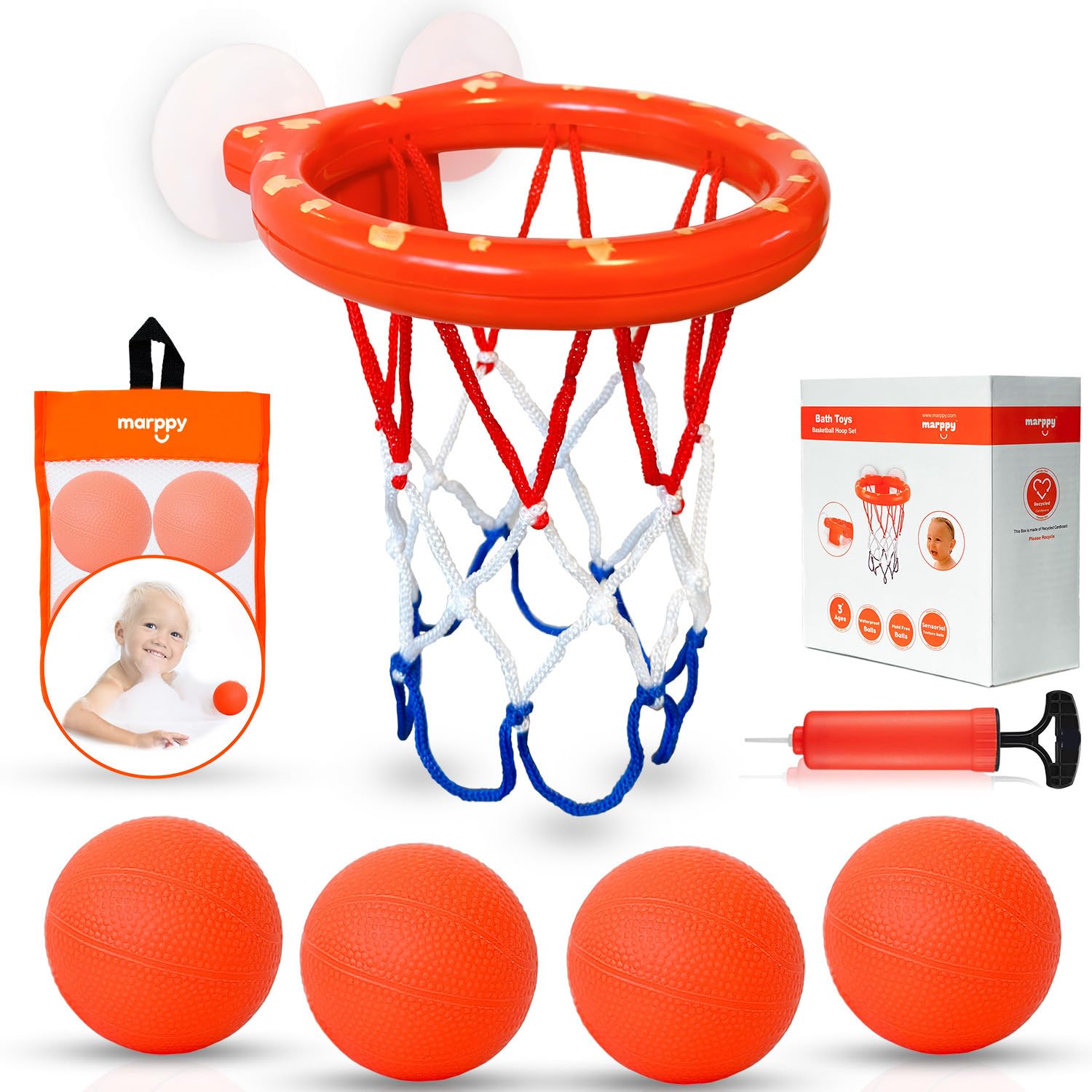 MARPPY Bath Toys, Bathtub Basketball Hoop for Toddlers Kids, Boys and Girls with 4 Soft Balls Set & Strong Suction Cup, Bathtub Shooting Game & Fun Toddlers Bath Toys for Boys or Girls