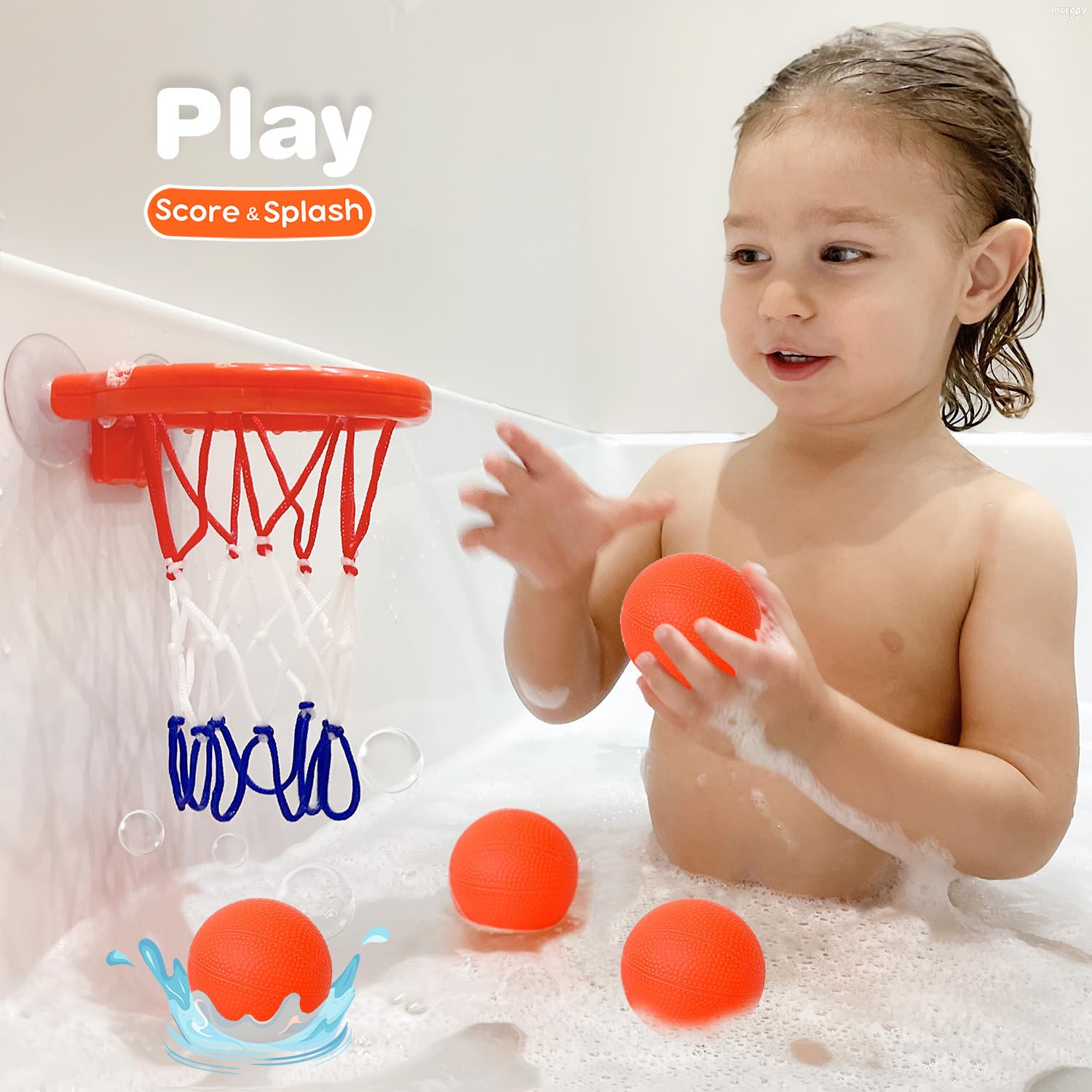 MARPPY Bath Toys, Bathtub Basketball Hoop for Toddlers Kids, Boys and Girls with 4 Soft Balls Set & Strong Suction Cup, Bathtub Shooting Game & Fun Toddlers Bath Toys for Boys or Girls