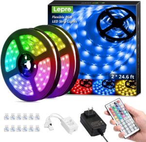 lepro 50ft led strip lights, ultra-long rgb 5050 led strips with remote controller and fixing clips, color changing tape light with 12v etl listed adapter for bedroom, room, kitchen, bar(2 x 24.6ft)