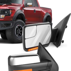 ECCPP Tow Mirrors Towing Mirrors Compatible with 2004-2014 for Ford for F150 1997-1999 for Ford for F-250 with Left Right Side Power Control Heat Turn Signal Puddle Light with Chrome Housing