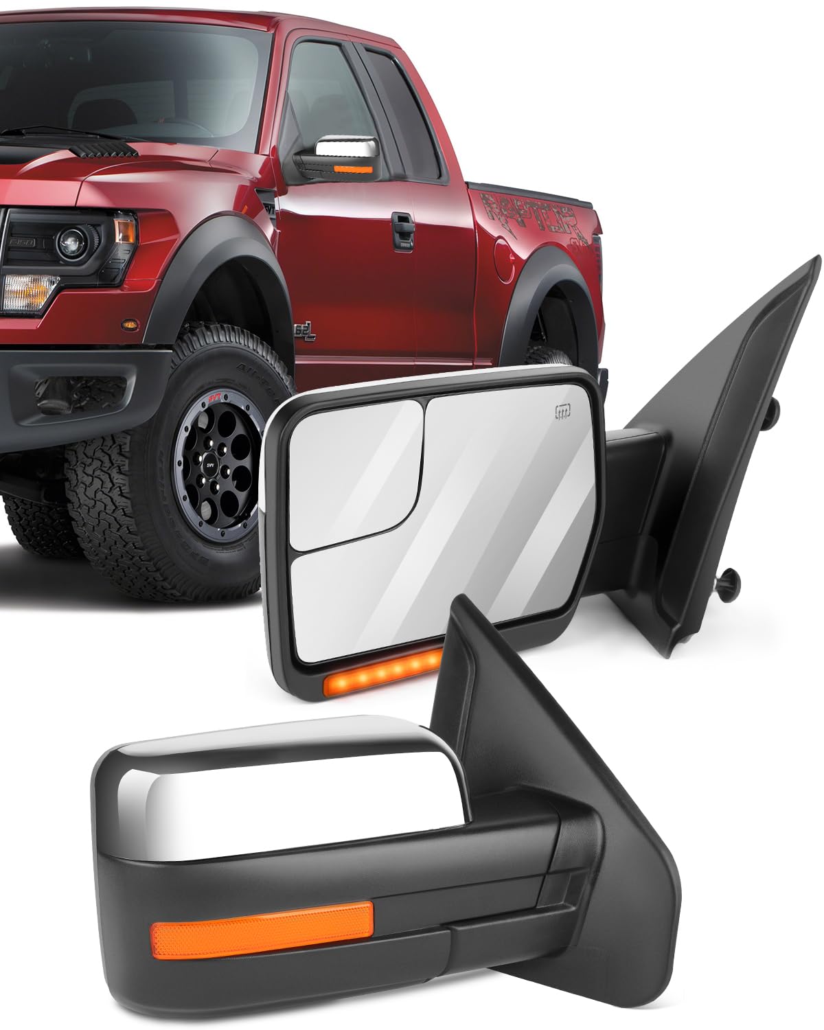 ECCPP Tow Mirrors Towing Mirrors Compatible with 2004-2014 for Ford for F150 1997-1999 for Ford for F-250 with Left Right Side Power Control Heat Turn Signal Puddle Light with Chrome Housing