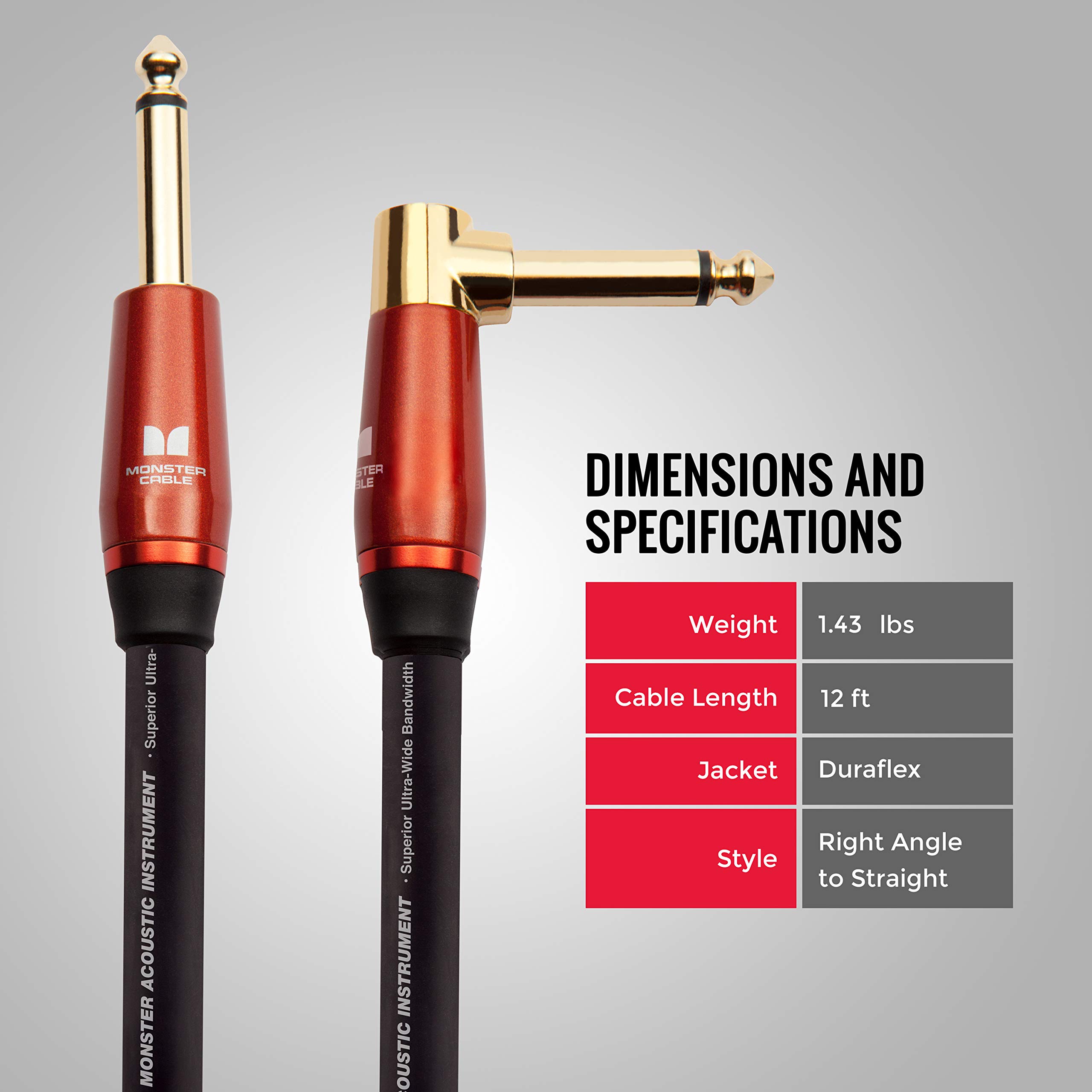 Monster Prolink Acoustic Instrument Cable - 12 ft - Right Angle to Straight