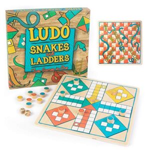 ludo + snakes & ladders wooden board game 2-pack - two game set in one bundle - children's family pachisi learning dice games for adults & kids - classic 12" x 12" two-sided board for 2-4 players