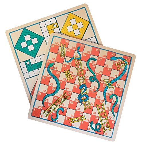 Ludo + Snakes & Ladders Wooden Board Game 2-Pack - Two Game Set in One Bundle - Children's Family Pachisi Learning Dice Games for Adults & Kids - Classic 12" x 12" Two-Sided Board for 2-4 Players