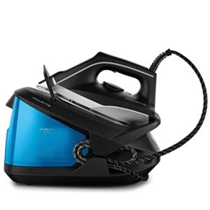 Rowenta Compact Stainless Steel Soleplate Professional Steam Station for Clothes, 57 Ounce Removable Tank, Lightweight, Compact 1500 Watts Iron, Fabric Steamer, Garment Steamer Black and Blue, VR8324.