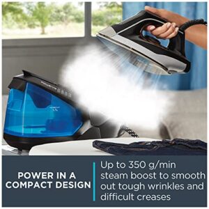 Rowenta Compact Stainless Steel Soleplate Professional Steam Station for Clothes, 57 Ounce Removable Tank, Lightweight, Compact 1500 Watts Iron, Fabric Steamer, Garment Steamer Black and Blue, VR8324.