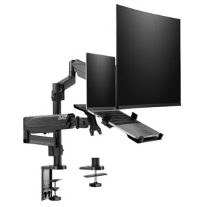 avlt laptop and monitor arm tall pole - mount 15.6" notebook and 32" monitor on 2 full motion adjustable arms - organize your work surface with vesa monitor desk mount