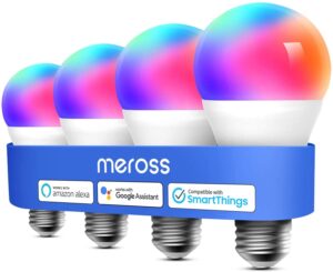 meross smart light bulb, smart wifi led bulbs works with alexa, google home, dimmable e26 multicolor 2700k-6500k rgbww, 810 lumens 60w equivalent, no hub required, 4 pack