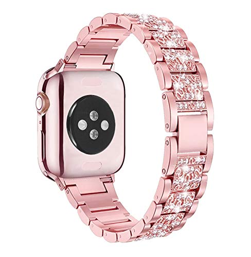 Mosonio Compatible with Apple Watch Band 40mm with Case Women, Jewelry Replacement Metal Wristband Strap with 2 Pack Bling PC Protective Cover for iWatch Series 6/5/4(Pink)
