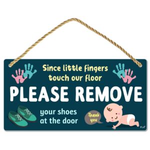 Fun-Plus Please Take Your Shoes Off - Remove Your Shoes Sign - 10″x5″ PVC Plastic Hanging Sign- Since Little Fingers Touch Our Floor