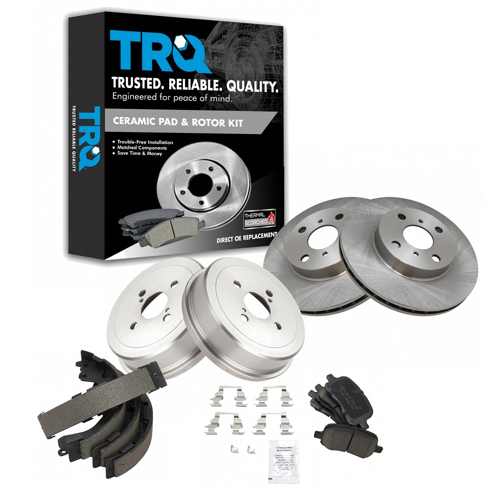 TRQ Front & Rear Posi Ceramic Disc Brake Pads Rotors Shoes & Drum Kit Set Compatible with Toyota