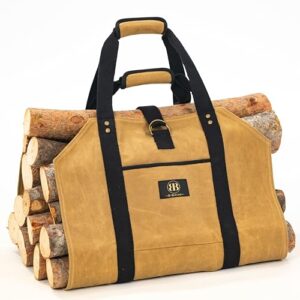 log carrier for firewood bag - 20oz waxed canvas wood carriers with handles for fire logs storage- fireplace and campfire accessories - durable waterproof heavy-duty canvas bag carrier brown