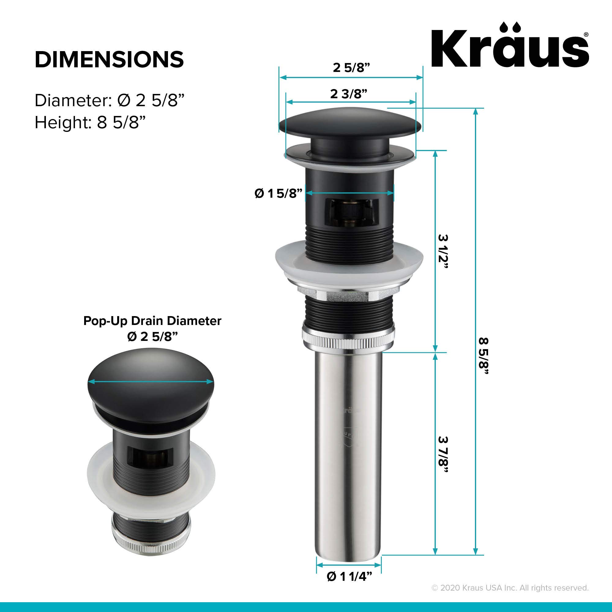 KRAUS Pop-Up Drain with Overflow in Matte Black, PU-11MB