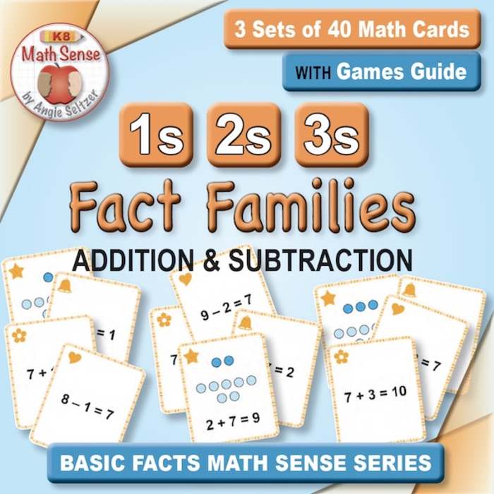 1s, 2s, & 3s Fact Families for Addition & Subtraction: 3 Sets of 40 Math Cards with Games Guide