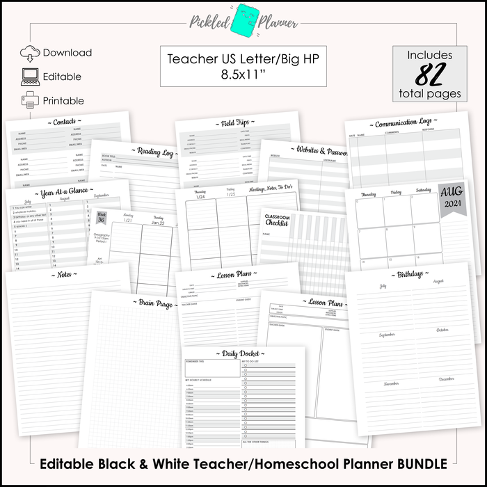Editable Black & White Teacher/Homeschool Planner BUNDLE