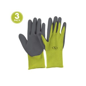 Sun Joe All-Purpose GGNP-S3 Reusable Nitrile-Palm Gloves, Tactile, Washable, One Size Fits Most, For Gardening, DIY, Set of 3, Green