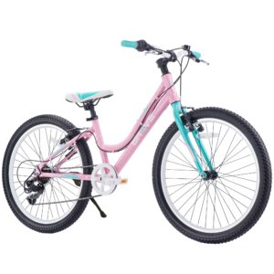 revere kids 24" girls 7-speed cruiser children's bicycle for ages 7-11 years old. lightweight aluminum frame and fork, easy to ride! (pink/cyan)