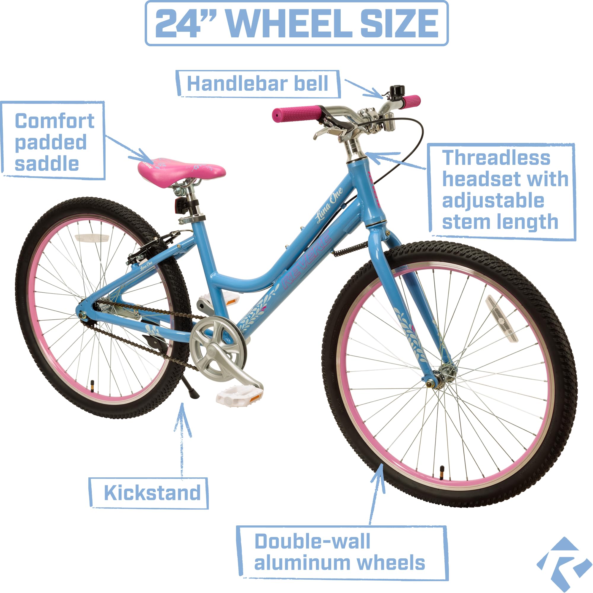 Revere Freestyle Kids 24" Girls Cruiser Bicycle for Ages 7-11 Years Old. Lightweight Aluminum Frame and Fork, Easy to Ride! Premium Parts, Premium Design, Premium Safety! (Periwinkle)