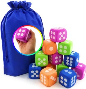 deluxe large 2.25" eva foam dice (pack of 12) with bonus matty's toy stop storage bag